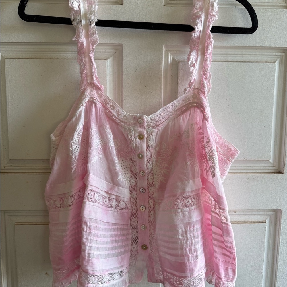 LoveShackFancy Pink Lace Trim Top